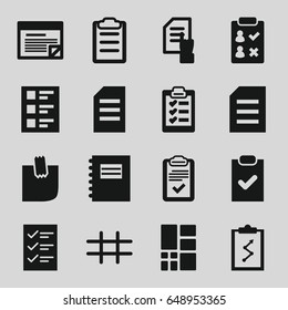 List icons set. set of 16 list filled icons such as pointing on document, clipboard, checklist, glued note, grid, plan, notepad, paper, check list