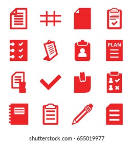 List icons set. set of 16 list filled icons such as pointing on document, clipboard, pen, glued note, checklist, paper, grid, plan, tick, notepad