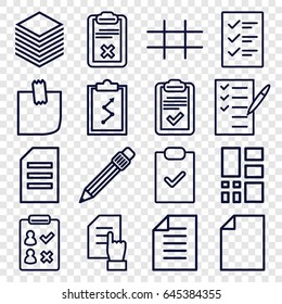 List icons set. set of 16 list outline icons such as pointing on document, check list, pen, clipboard, glued note, paper, grid, checklist