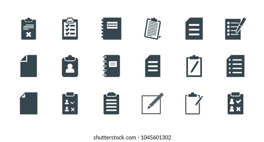 List icons. set of 18 editable filled list icons: paper, notepad, check list, clipboard
