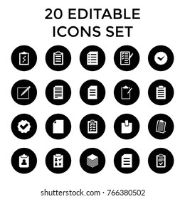 List icons. set of 20 editable filled list icons such as tick, paper, check list, clipboard, clipboard with chart, glued note