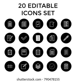 List icons. set of 20 editable outline list icons such as notepad, clipboard with chart, pen, clipboard, paper, paper and pen. best quality list elements in trendy style.