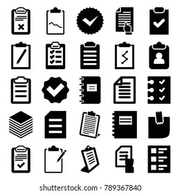 List icons. set of 25 editable filled list icons such as pointing on document, clipboard, tick, notepad, check list, clipboard with chart, checklist, paper