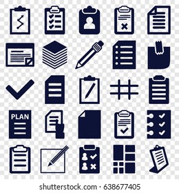 List icons set. set of 25 list filled icons such as pointing on document, clipboard, pen, glued note, checklist, paper and pen, paper, grid, plan, tick, check list
