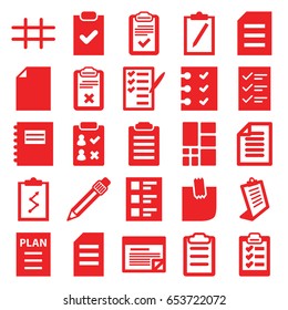 List icons set. set of 25 list filled icons such as clipboard, check list, pen, checklist, glued note, paper, grid, plan, notepad