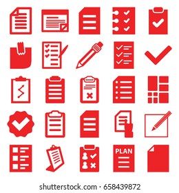 List icons set. set of 25 list filled icons such as pointing on document, clipboard, check list, pen, checklist, glued note, paper and pen, paper, grid, plan, tick