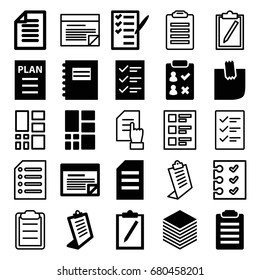 List icons set. set of 25 list filled and outline icons such as clipboard, check list, glued note, paper, grid, plan, checklist, pointing on document