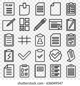 List icons set. set of 25 list outline icons such as clipboard, pen, checklist, glued note, paper and pen, paper, grid, plan, tick, notepad, check list