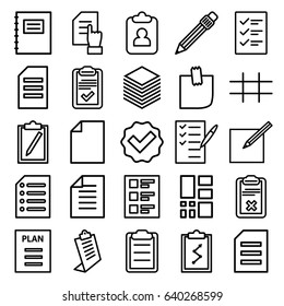 List icons set. set of 25 list outline icons such as pointing on document, clipboard, check list, pen, checklist, glued note, paper and pen, paper, grid, plan, tick, notepad