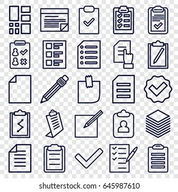 List icons set. set of 25 list outline icons such as pointing on document, clipboard, check list, pen, checklist, glued note, paper and pen, paper, grid, plan, tick