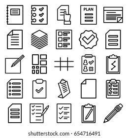 List icons set. set of 25 list outline icons such as pointing on document, clipboard, check list, pen, checklist, paper and pen, paper, grid, plan, tick, notepad