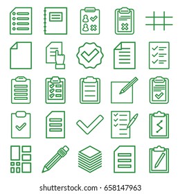 List icons set. set of 25 list outline icons such as pointing on document, check list, pen, clipboard, paper and pen, paper, grid, checklist, tick, notepad