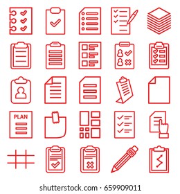 List icons set. set of 25 list outline icons such as pointing on document, clipboard, check list, pen, checklist, glued note, paper, grid, plan