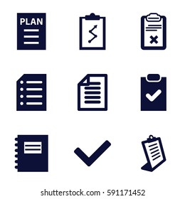 list icons set. Set of 9 list filled icons such as clipboard, paper, plan, tick, checklist, notepad