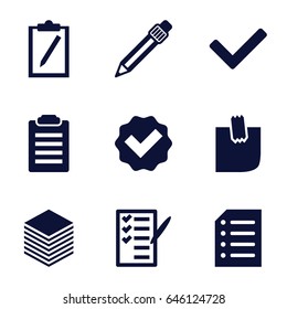 List icons set. set of 9 list filled icons such as check list, pen, glued note, paper, tick