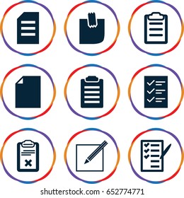 List icons set. set of 9 list filled icons such as check list, clipboard, glued note, paper and pen, checklist