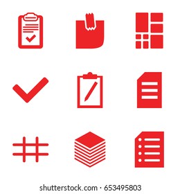 List icons set. set of 9 list filled icons such as clipboard, glued note, paper, grid
