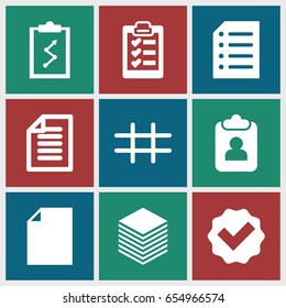 List icons set. set of 9 list filled icons such as paper, grid, clipboard, tick