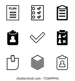 List icons set. set of 9 list filled and outline icons such as clipboard, glued note, checklist, paper, plan, tick