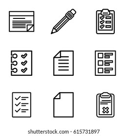 List icons set. set of 9 list outline icons such as pen, clipboard, checklist, paper