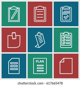 List icons set. set of 9 list outline icons such as clipboard, glued note, plan