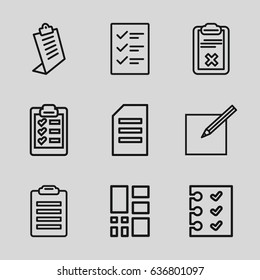 List icons set. set of 9 list outline icons such as clipboard, checklist, paper and pen, grid, paper