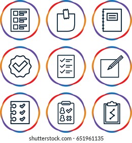 List icons set. set of 9 list outline icons such as checklist, glued note, paper and pen, tick, notepad, check list