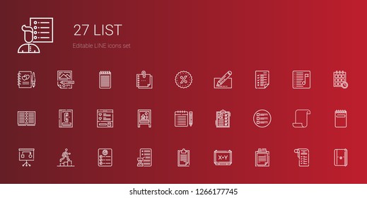 list icons set. Collection of list with clipboard, board, planning, task, promotion, note, wishlist, phone book, notebook, tasks, edit, promotions. Editable and scalable list icons.