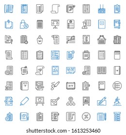 list icons set. Collection of list with note, promotions, playlist, notebook, test, guests book, clipboard, promotion, edit, board, task, tick. Editable and scalable list icons.