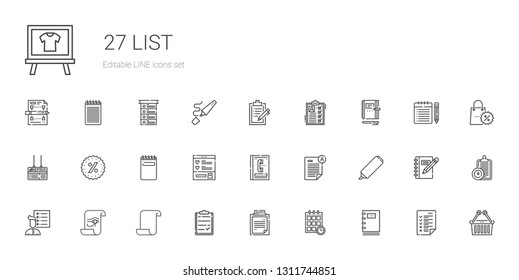 list icons set. Collection of list with notebook, schedule, clipboard, paper, user list, highlighter, exam, phone book, wishlist, notepad, promotions. Editable and scalable icons.