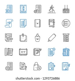 list icons set. Collection of list with notepad, clipboard, promotions, report, planning, exam, notebook, board, notes, highlighter, sticky note. Editable and scalable list icons.