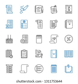 list icons set. Collection of list with sticky note, notepad, paper, notebook, report, clipboard, schedule, promotions, planning, board, exam. Editable and scalable list icons.