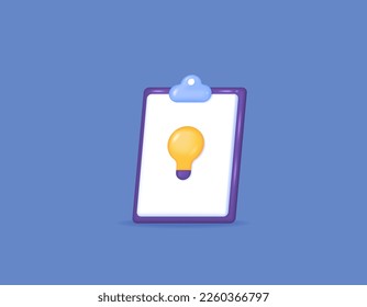 lista de ideas e inspiración, creativa e innovadora. un portapapeles y una bombilla. imagen de una lámpara en el portapapeles. icono o símbolo. 3 d y diseño conceptual realista. elementos vectoriales