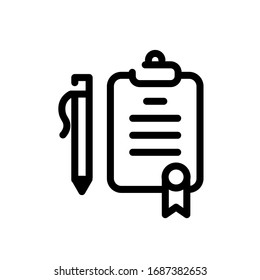 List of important cases. Icon of the tablet folder and pens. Folders and Vail. Vector icon isolated on white background. Fashion contour icon. Icon for website and print. Logo, emblem, symbol.