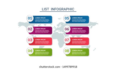 list infographic design with world map background. business infographic concept for presentations, banner, workflow layout, process diagram, flow chart and how it work