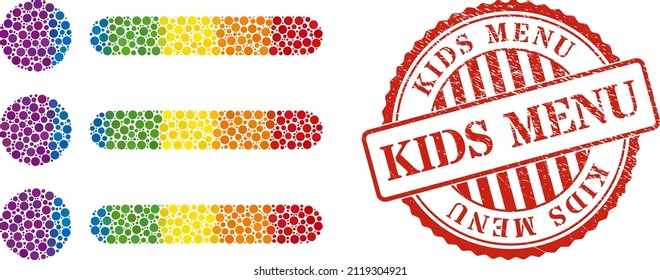 List items mosaic icon of round dots in various sizes and spectrum color tinges. Red round grunge seal stamp with Kids Menu text. A dotted LGBT- colored list items for lesbians, gays, bisexuals,