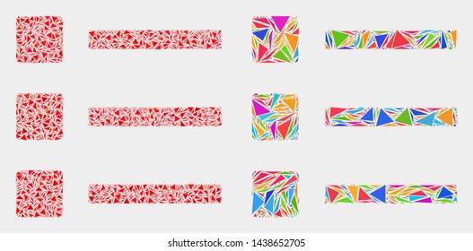 List items mosaic icon of triangle items which have variable sizes and shapes and colors. Geometric abstract vector illustration of list items.