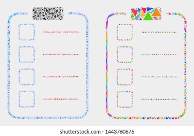 List items pad collage icon of triangle elements which have different sizes and shapes and colors. Geometric abstract vector illustration of list items pad.