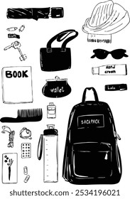 A list of items that might be in a backpack for walk. Black and white sketch. Vector illustration.