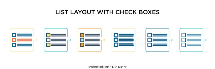List layout with check boxes vector icon in 6 different modern styles. Black, two colored list layout with check boxes icons designed in filled, outline, line and stroke style. Vector illustration