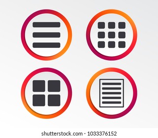 List menu icons. Content view options symbols. Thumbnails grid or Gallery view. Infographic design buttons. Circle templates. Vector