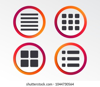 List menu icons. Content view options symbols. Thumbnails grid or Gallery view. Infographic design buttons. Circle templates. Vector