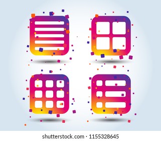 List menu icons. Content view options symbols. Thumbnails grid or Gallery view. Colour gradient square buttons. Flat design concept. Vector