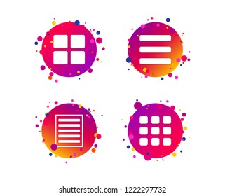 List menu icons. Content view options symbols. Thumbnails grid or Gallery view. Gradient circle buttons with icons. Random dots design. Vector