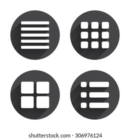 List menu icons. Content view options symbols. Thumbnails grid or Gallery view. Circles buttons with long flat shadow. Vector