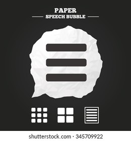 List menu icons. Content view options symbols. Thumbnails grid or Gallery view. Paper speech bubble with icon.