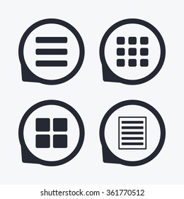 List menu icons. Content view options symbols. Thumbnails grid or Gallery view. Flat icon pointers.