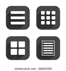 List menu icons. Content view options symbols. Thumbnails grid or Gallery view. Square flat buttons with long shadow.