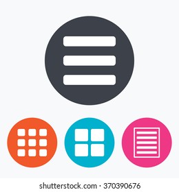 List menu icons. Content view options symbols. Thumbnails grid or Gallery view. Circle flat buttons with icon.