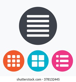 List menu icons. Content view options symbols. Thumbnails grid or Gallery view. Circle flat buttons with icon.